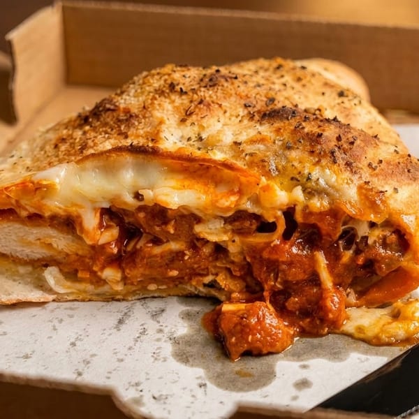 A calzone filled with chicken, melted cheese, and marinara sauce, served in a cardboard box.