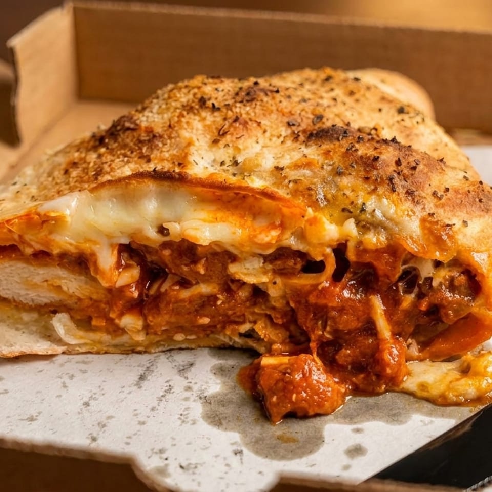 A calzone filled with chicken, melted cheese, and marinara sauce, served in a cardboard box.